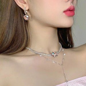 3/$30 AB Cubic Zirconia Heart Choker Layered Necklace